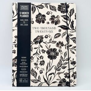 Black and White Floral Planner 2026 Planner Monthly 17 mo. Orange Circle Studio